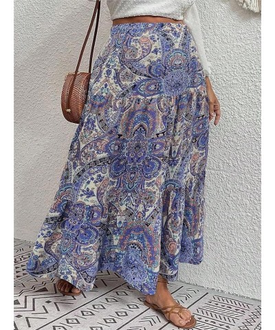 Women's Plus Size Boho Floral Paisley High Waisted Flowy A Line Maxi Long Skirt Purple Blue $17.67 Skirts