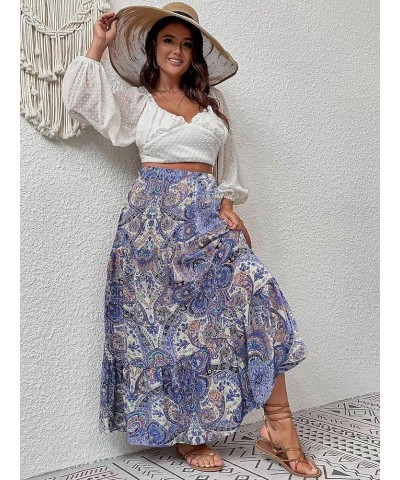 Women's Plus Size Boho Floral Paisley High Waisted Flowy A Line Maxi Long Skirt Purple Blue $17.67 Skirts