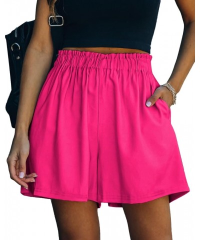 Women's Pockets High Rise Elastic Waist Shorts Casual Ruffle Paper Bag Work Shorts Hot Pink $7.94 Shorts