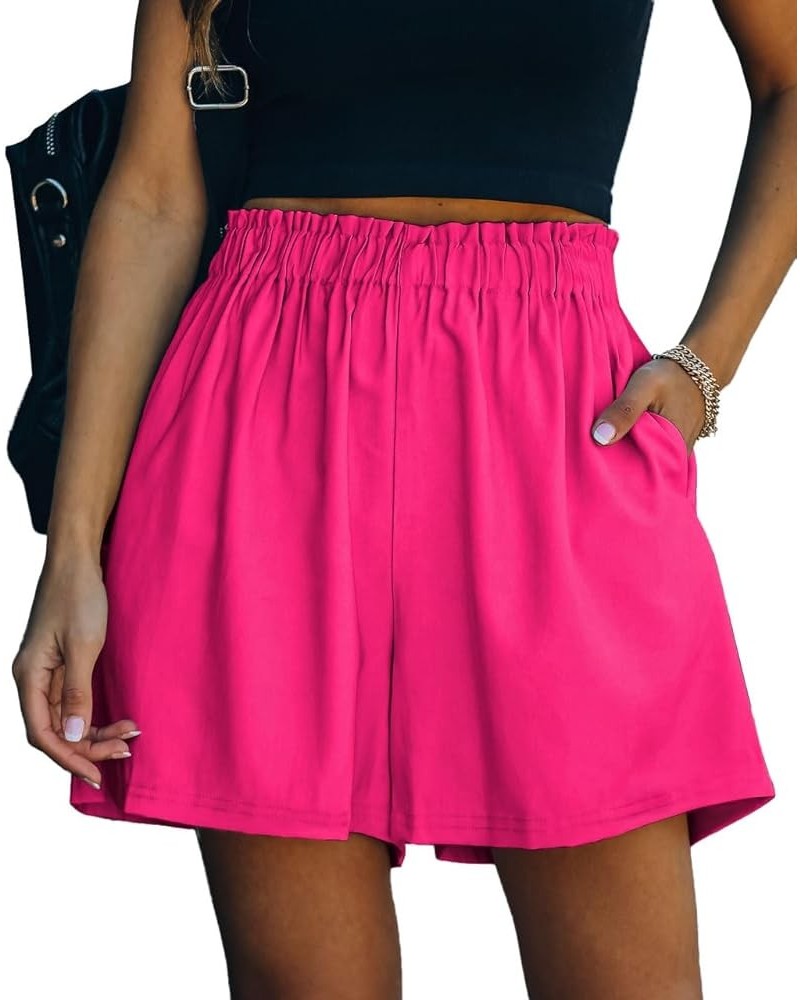 Women's Pockets High Rise Elastic Waist Shorts Casual Ruffle Paper Bag Work Shorts Hot Pink $7.94 Shorts