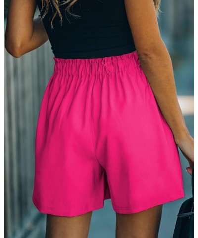 Women's Pockets High Rise Elastic Waist Shorts Casual Ruffle Paper Bag Work Shorts Hot Pink $7.94 Shorts