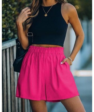 Women's Pockets High Rise Elastic Waist Shorts Casual Ruffle Paper Bag Work Shorts Hot Pink $7.94 Shorts