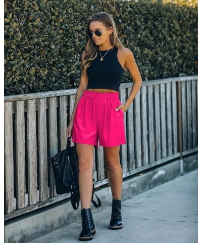 Women's Pockets High Rise Elastic Waist Shorts Casual Ruffle Paper Bag Work Shorts Hot Pink $7.94 Shorts