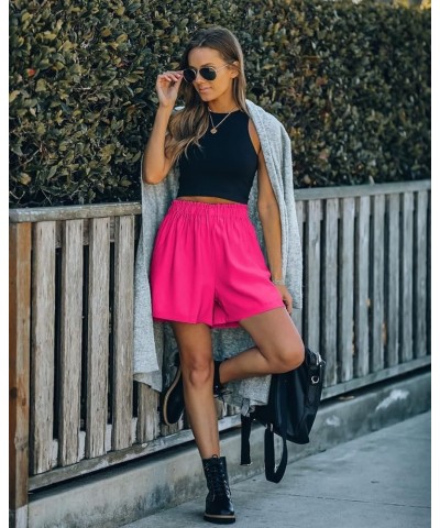 Women's Pockets High Rise Elastic Waist Shorts Casual Ruffle Paper Bag Work Shorts Hot Pink $7.94 Shorts