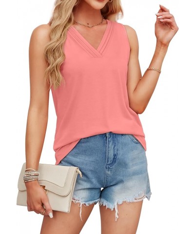 Summer Tank Tops for Women Loose Fit Tucker Pleated V Neck Sleeveless Tops Flowy 2g-coral Red $14.24 Tanks