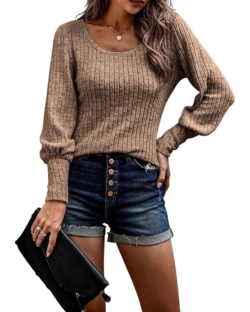 Womens Tops Long Sleeve Casual Crew Neck Ribbed Knit Blouse Pullover Sweaters Khaki 830 $11.79 Sweaters