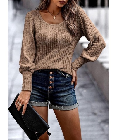 Womens Tops Long Sleeve Casual Crew Neck Ribbed Knit Blouse Pullover Sweaters Khaki 830 $11.79 Sweaters