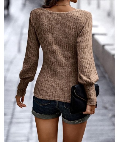 Womens Tops Long Sleeve Casual Crew Neck Ribbed Knit Blouse Pullover Sweaters Khaki 830 $11.79 Sweaters