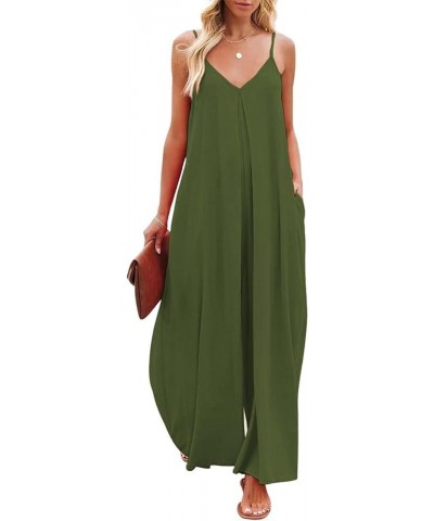 Women's Summer Jumpsuit Spaghetti Straps Wide-Leg Back Self-Tie Overall Rompers with Pockets Green $12.60 Jumpsuits