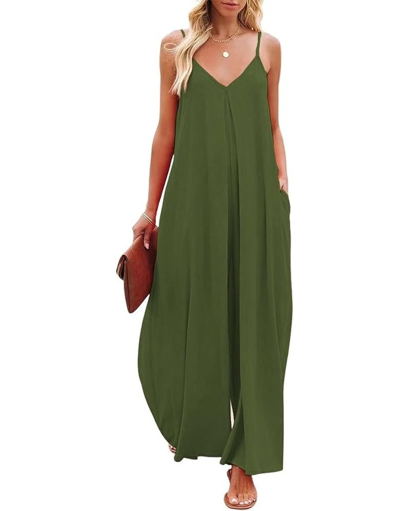 Women's Summer Jumpsuit Spaghetti Straps Wide-Leg Back Self-Tie Overall Rompers with Pockets Green $12.60 Jumpsuits