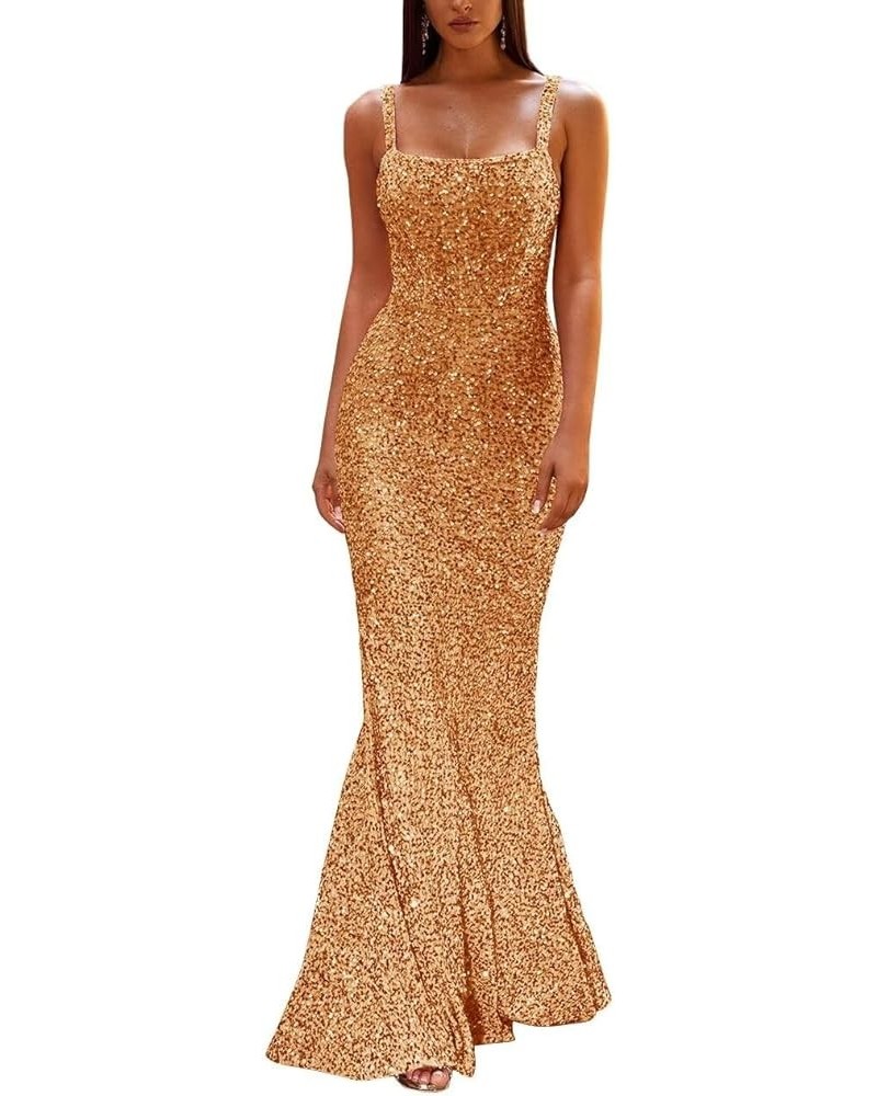 Women's Sequin Mermaid Prom Dresses 2024 Long Spaghetti Strap Sparkly Bodycon Formal Party Evening Gowns Light Brown $29.16 D...