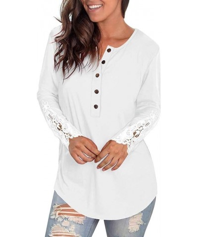 Lace Buttons Henley-Shirts Womens Solid Color Tunic Long Sleeve Round Neck Patchwork Tops White $6.53 Tops