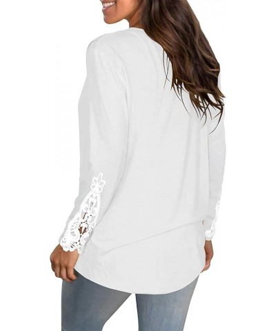 Lace Buttons Henley-Shirts Womens Solid Color Tunic Long Sleeve Round Neck Patchwork Tops White $6.53 Tops