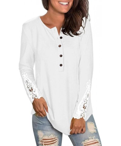 Lace Buttons Henley-Shirts Womens Solid Color Tunic Long Sleeve Round Neck Patchwork Tops White $6.53 Tops