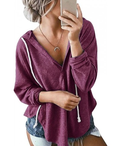 Womens Long Sleeve V Neck Hoodie Sweatshirts Lightweight Pullover Tops 07-wine Red $14.99 Hoodies & Sweatshirts