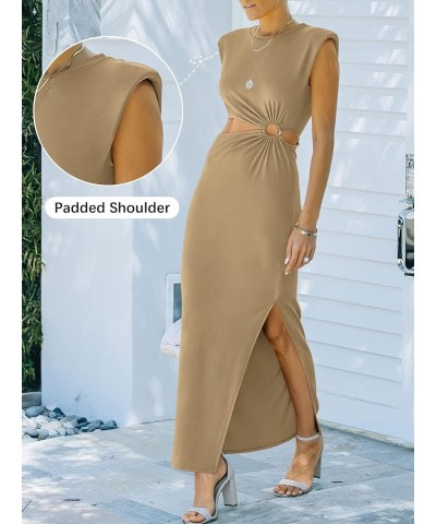 Women's Cut Out Padded Shoulder Split Side Crewneck Maxi Bodycon Party Club Dress Khaki $16.31 Dresses