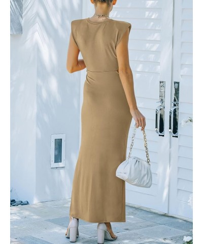 Women's Cut Out Padded Shoulder Split Side Crewneck Maxi Bodycon Party Club Dress Khaki $16.31 Dresses