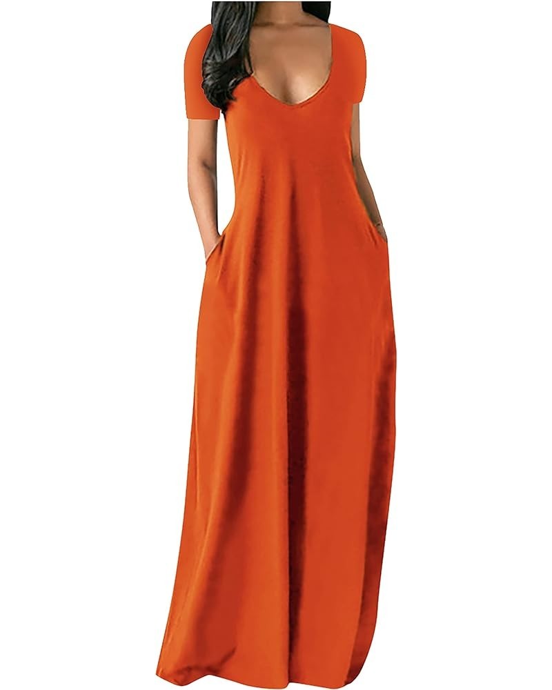 Women's Summer Loose Casual Maxi Dress Adjustable Spaghetti Strap V Neck Boho Long Dresses with Pockets Orange-2 $13.25 Dresses