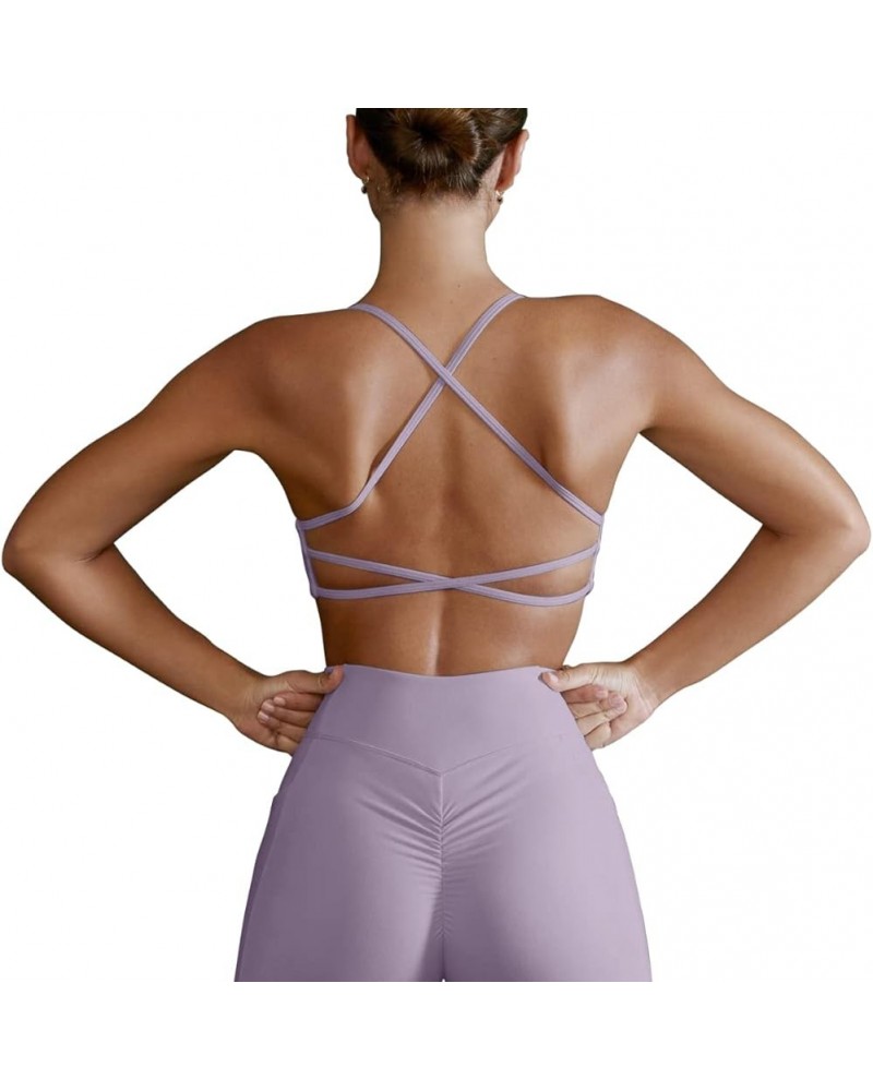 Womens Open Back Strappy Sports Bra Light Support Yoga Workout Padded Bras Lilac $12.38 Lingerie