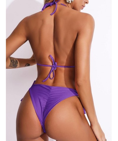 Women's Sexy Thong Bikini Crystal Side Bottom Triangle Bikini Halter Swimsuits Purple $17.41 Swimsuits