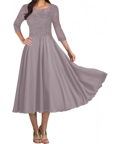 Mother of The Bride Dresses Tea Length Lace 3/4 Sleeve Chiffon Evening Dress Formal Gowns Mauve $41.00 Dresses