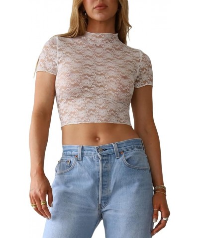 Women Short Sleeve Lace Crop Top Sexy See Through Sheer Mesh Fitted Shirt Vintage Y2K Fairy Grunge Blouse Streetwear L-white ...