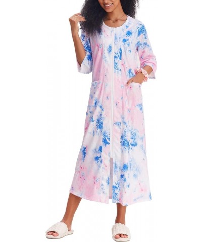 Women's Zipper Robe 3/4 Sleeve Housecoats Full Length House Dress Loungewear Long Nightgown with Pockets Blue Tie Dye $22.12 ...