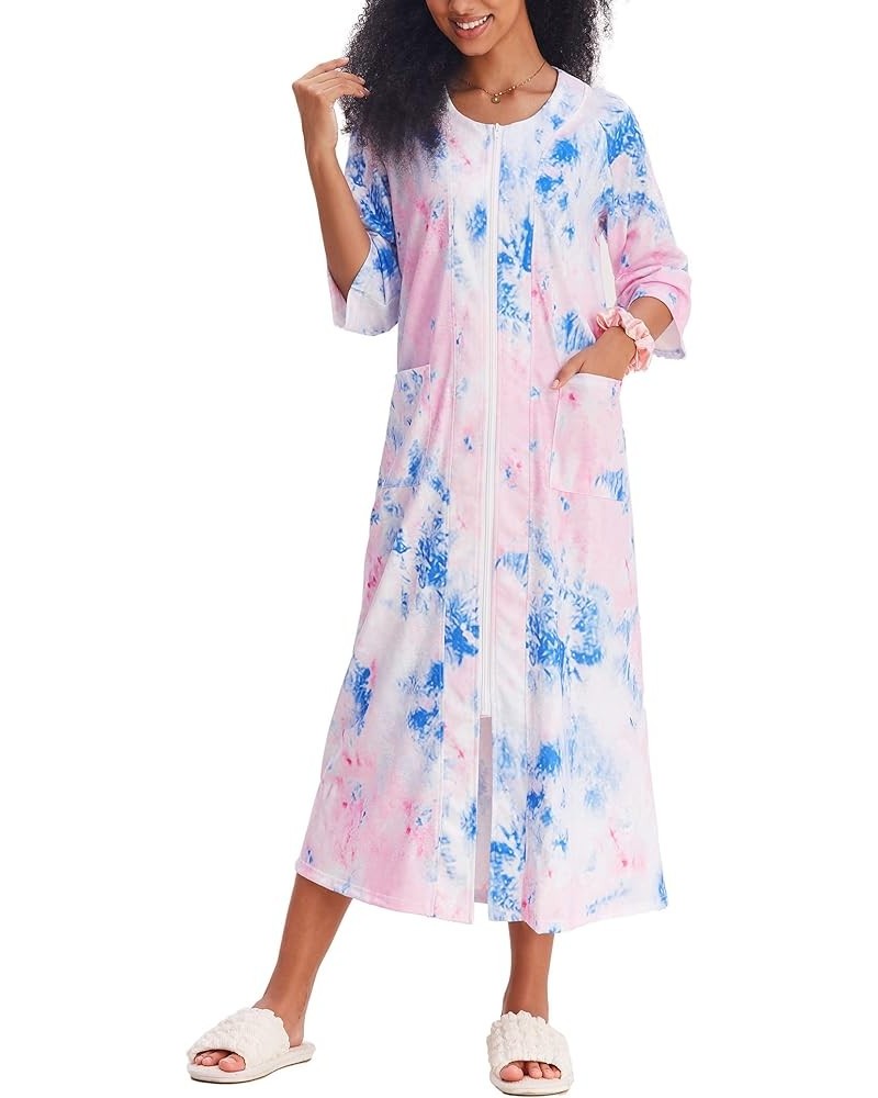 Women's Zipper Robe 3/4 Sleeve Housecoats Full Length House Dress Loungewear Long Nightgown with Pockets Blue Tie Dye $22.12 ...