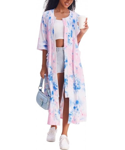 Women's Zipper Robe 3/4 Sleeve Housecoats Full Length House Dress Loungewear Long Nightgown with Pockets Blue Tie Dye $22.12 ...