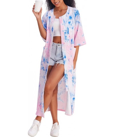 Women's Zipper Robe 3/4 Sleeve Housecoats Full Length House Dress Loungewear Long Nightgown with Pockets Blue Tie Dye $22.12 ...