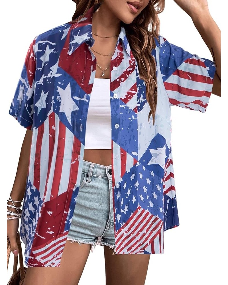 American Flag Shirt Women Patriotic Shirts 4th of July Tops USA Stars Stripes Blouses Memorial Day Button Down Shirts Light B...