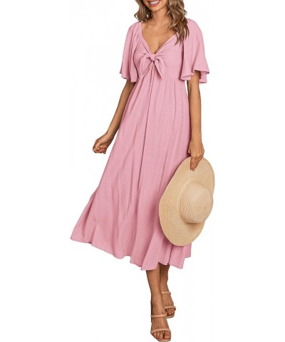 Summer Dress for Women 2024 Casual Short Sleeve Bow Tie V Neck Ruffle Midi Flowy Dresses Light Pink $22.05 Dresses