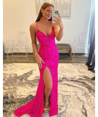 Women's Sequin Mermaid Prom Dresses with Slit Spaghetti Straps V Neck Long Formal Evening Gowns Pink $38.24 Dresses