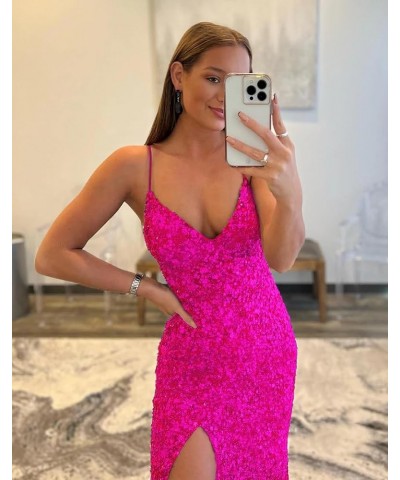 Women's Sequin Mermaid Prom Dresses with Slit Spaghetti Straps V Neck Long Formal Evening Gowns Pink $38.24 Dresses