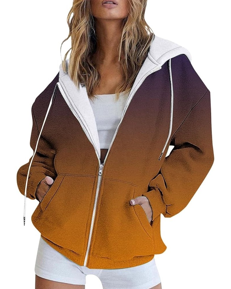 Long Sleeve Hoodies for Women Drawstring Hooded Neck Pullovers Zipper Track Jacket Hoodie Pocket Sweatshirt Brown Gradient $1...