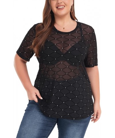 Women's Plus Size Mesh Sheer See Through Short Sleeve Blouse Tops Tshirts 07 Plaid $12.25 Tops