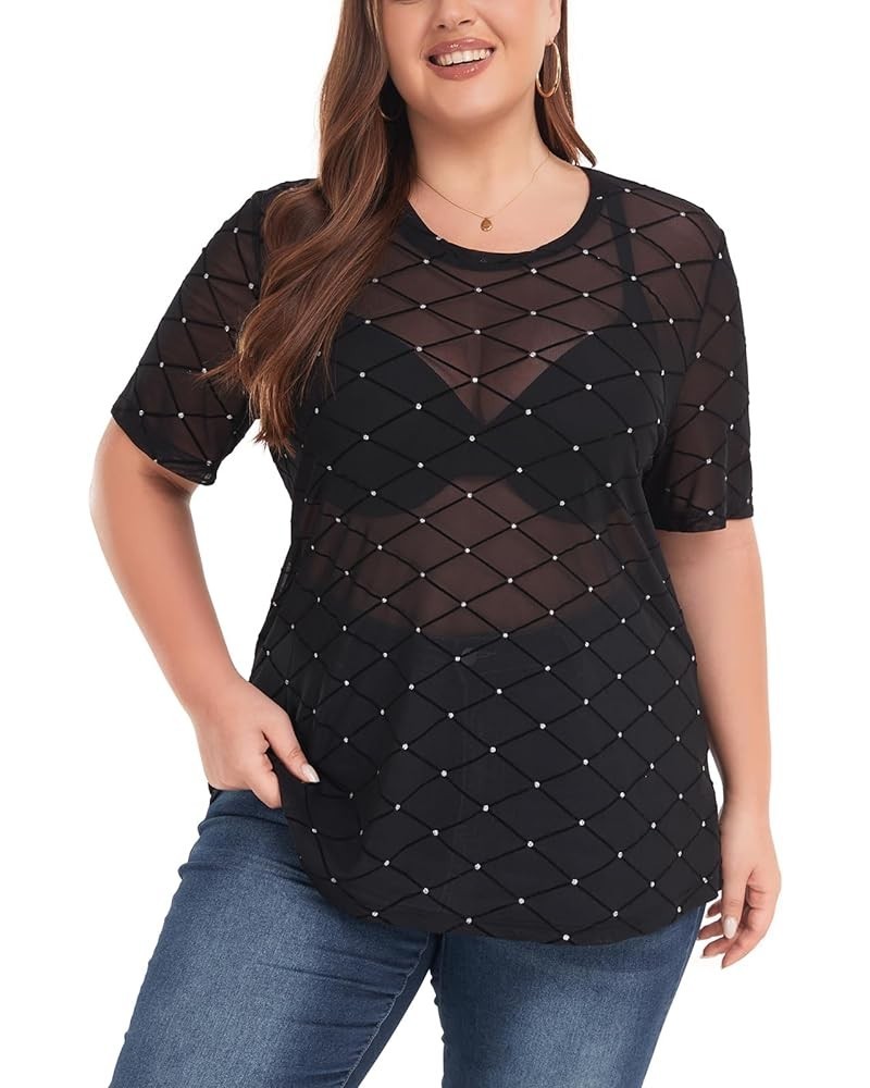 Women's Plus Size Mesh Sheer See Through Short Sleeve Blouse Tops Tshirts 07 Plaid $12.25 Tops