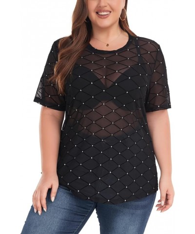 Women's Plus Size Mesh Sheer See Through Short Sleeve Blouse Tops Tshirts 07 Plaid $12.25 Tops