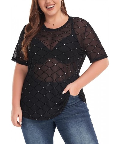 Women's Plus Size Mesh Sheer See Through Short Sleeve Blouse Tops Tshirts 07 Plaid $12.25 Tops