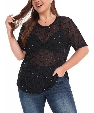 Women's Plus Size Mesh Sheer See Through Short Sleeve Blouse Tops Tshirts 07 Plaid $12.25 Tops