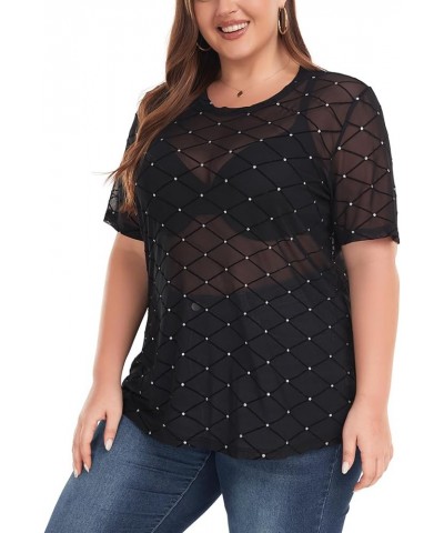 Women's Plus Size Mesh Sheer See Through Short Sleeve Blouse Tops Tshirts 07 Plaid $12.25 Tops