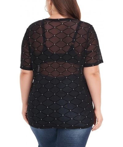 Women's Plus Size Mesh Sheer See Through Short Sleeve Blouse Tops Tshirts 07 Plaid $12.25 Tops