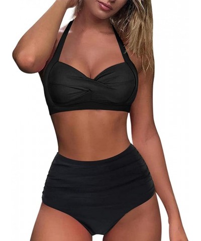 Swimsuits for Women Plus Size,Halter Bandage Top with Sunflower Triangle Bottoms Two Piece Bikini Set Z06-black $7.17 Swimsuits