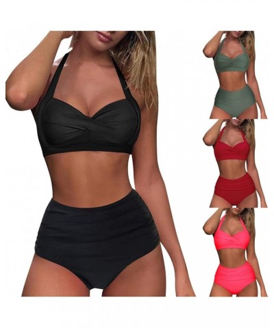 Swimsuits for Women Plus Size,Halter Bandage Top with Sunflower Triangle Bottoms Two Piece Bikini Set Z06-black $7.17 Swimsuits