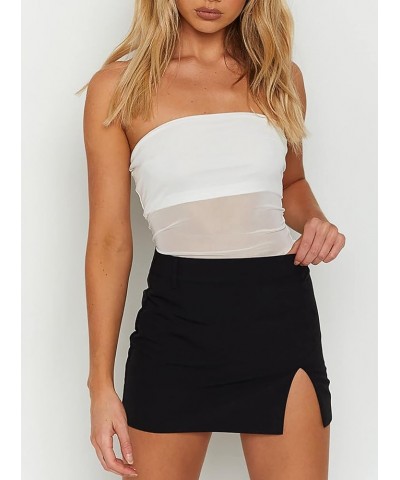 Women's Sexy Sheer Mesh Tube Top Strapless Bandeau Tops See Through Slim Fit Crop Tops White $10.59 Tanks