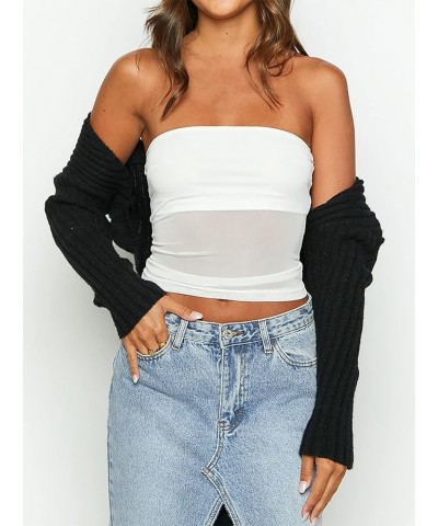 Women's Sexy Sheer Mesh Tube Top Strapless Bandeau Tops See Through Slim Fit Crop Tops White $10.59 Tanks