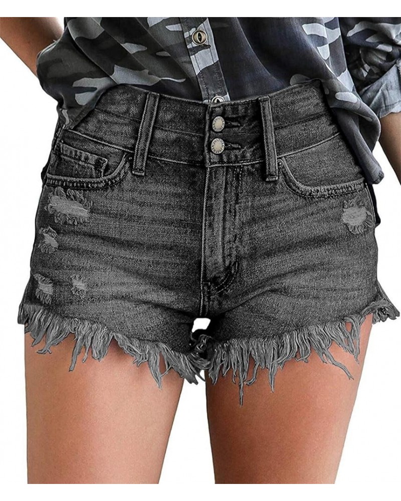 Women's Ripped Mid Waisted Denim Shorts with Pockets B-black $17.02 Shorts