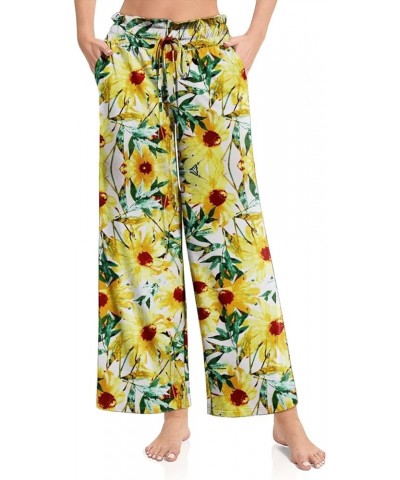 Women's Palazzo Lounge Pants Casual High Waist Drawstring Wide Leg Pants Cropped Trousers with Pocket 27"Inseam C11 Sunflower...