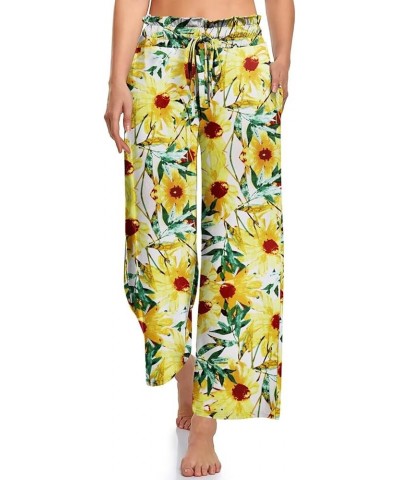 Women's Palazzo Lounge Pants Casual High Waist Drawstring Wide Leg Pants Cropped Trousers with Pocket 27"Inseam C11 Sunflower...