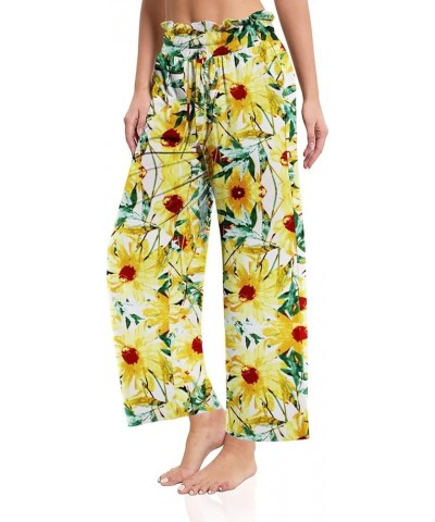 Women's Palazzo Lounge Pants Casual High Waist Drawstring Wide Leg Pants Cropped Trousers with Pocket 27"Inseam C11 Sunflower...